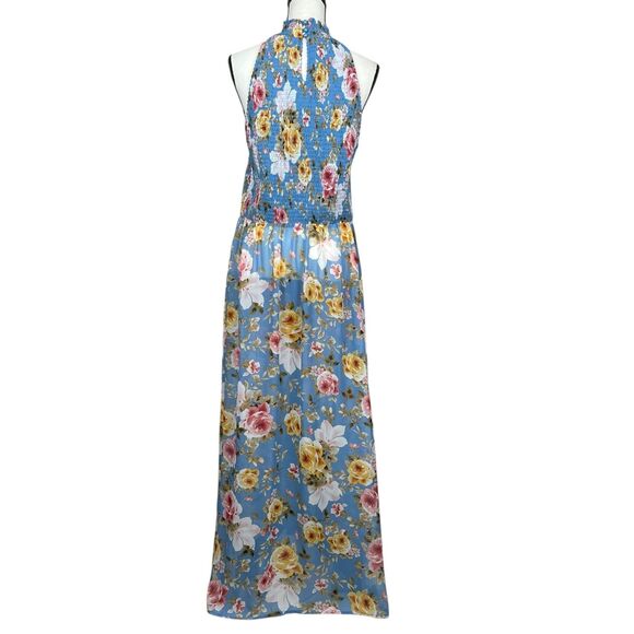 Venus Women's Maxi Cover Up Tunic Top XL Blue Floral Halter Smocked High Slit - Picture 6 of 11